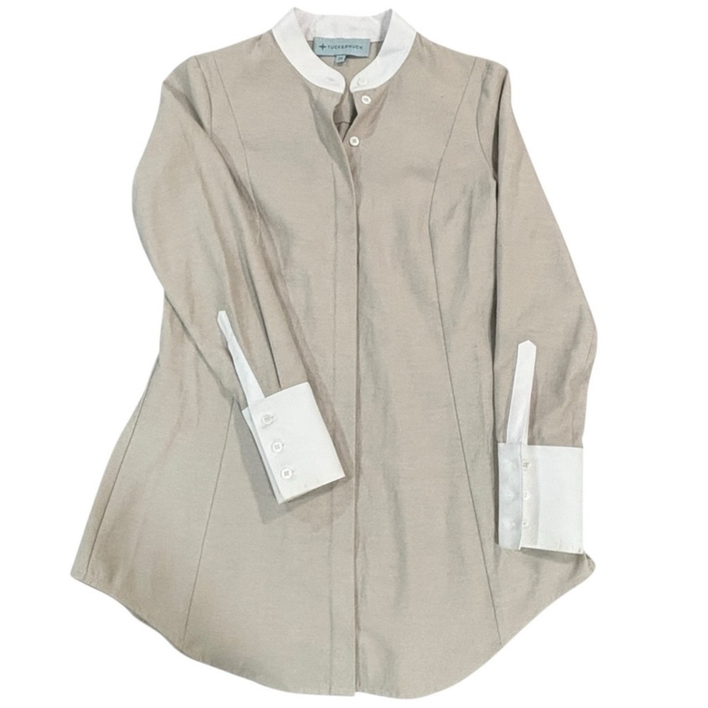 Tuckernuck Mandarin Collar Hidden Button Placket Tunic Blouse Beige XS